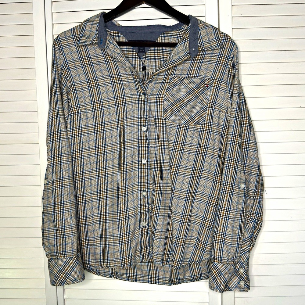 Tommy Hilfiger Women's L Plaid Button Down Shirt Long Sleeve Roll Tab Preppy